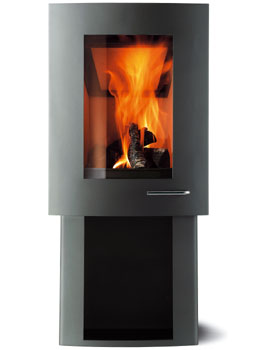 stufa a legna danese Ivo, stufa collegata alla canna fumaria con uscita fumi posteriore. struttura acciaio color grigio, stufa classico moderna adatta per ambienti rustici, ma anche moderni